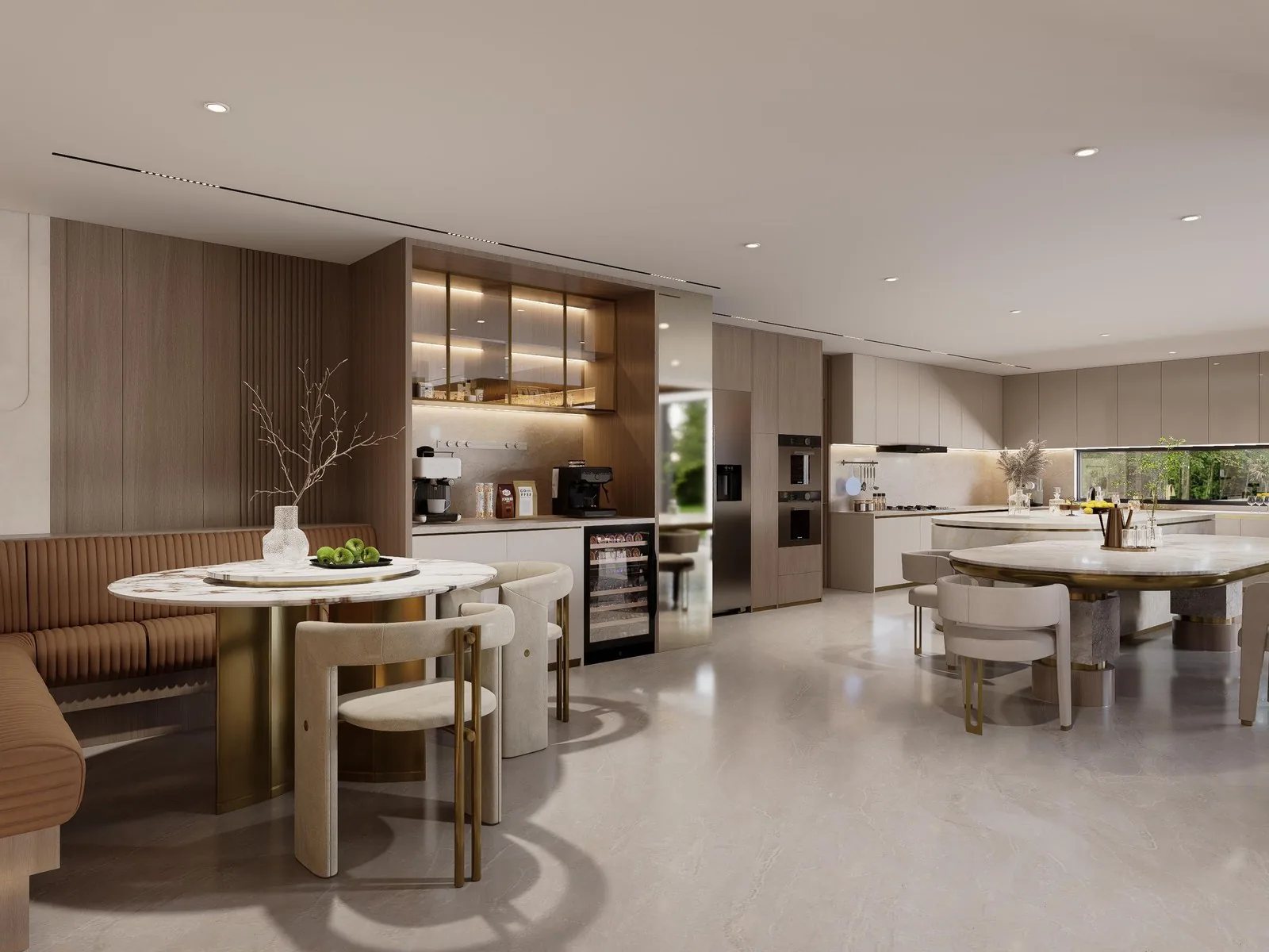 Kitchen with round stone dining table and lit upper shelving