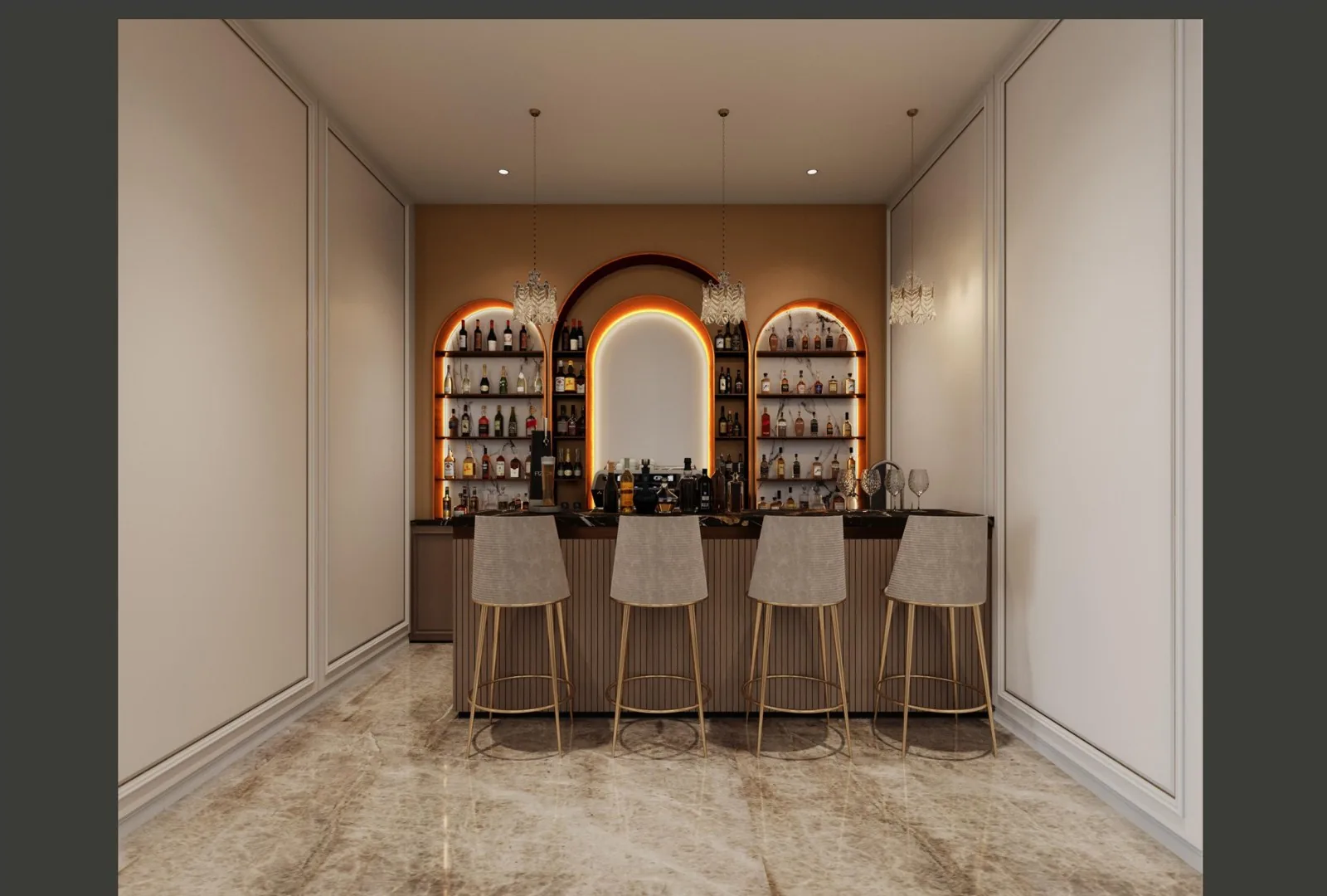 Dining nook with arched wine alcoves, lit shelving and bar stools