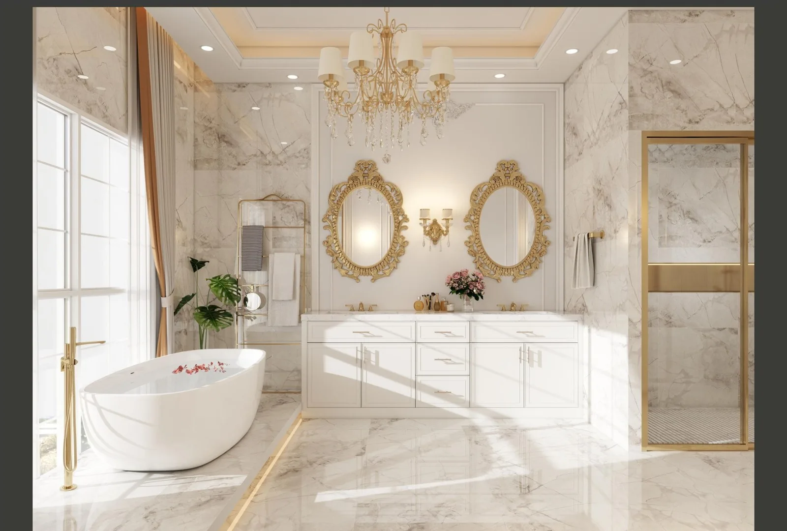 Master bath with freestanding tub and twin gold mirrors in honed marble