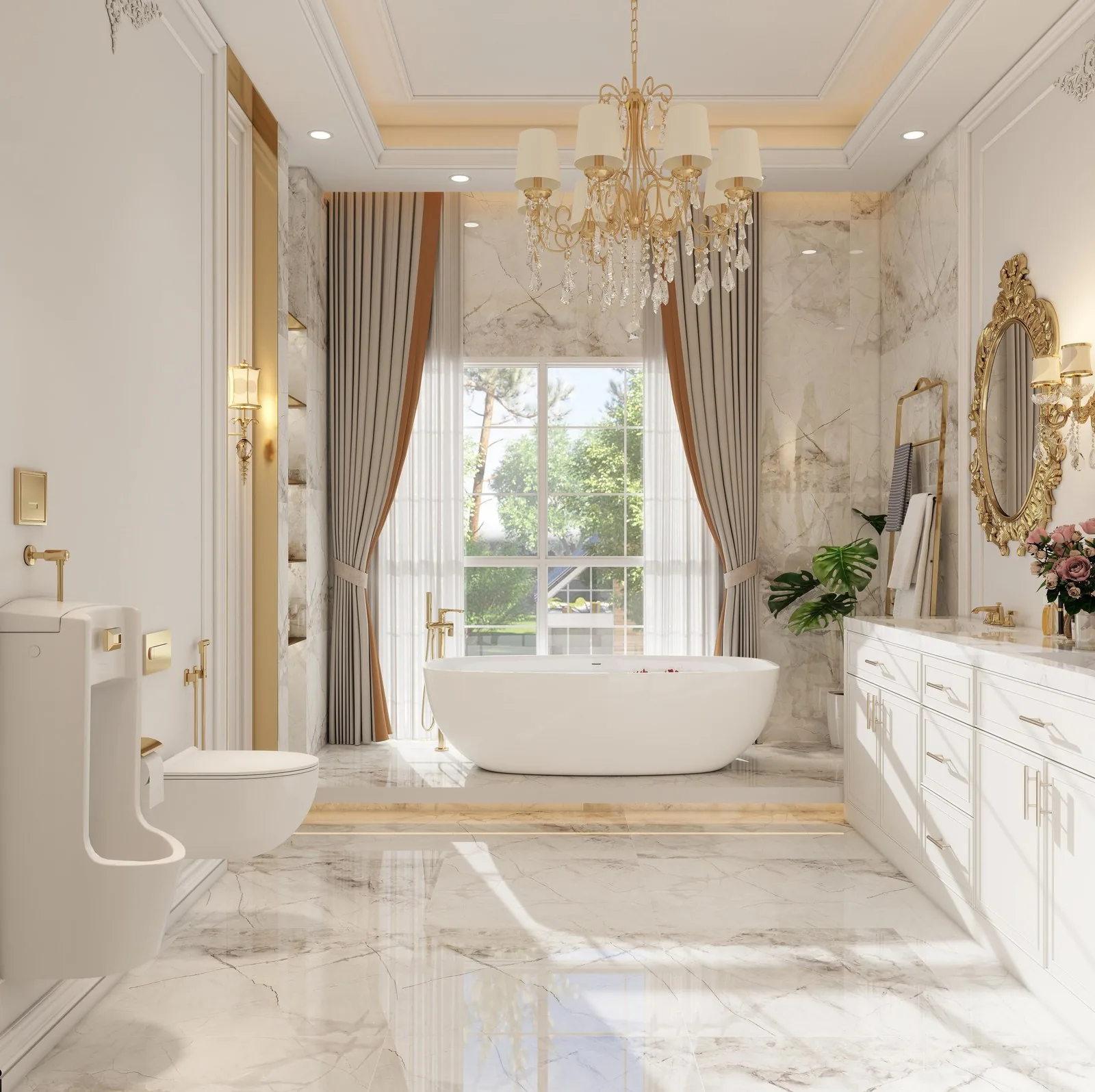 Double-sink master vanity with a freestanding tub
