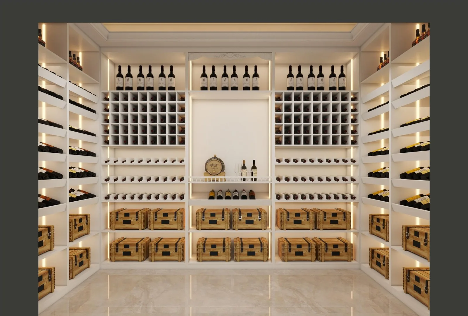 Wine cellar with symmetric lit shelving, wine crates and marble floor