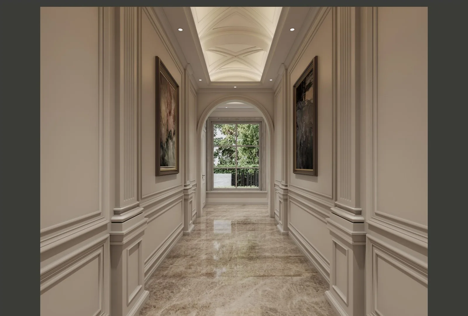 Ground-floor corridor with white paneling and framed art