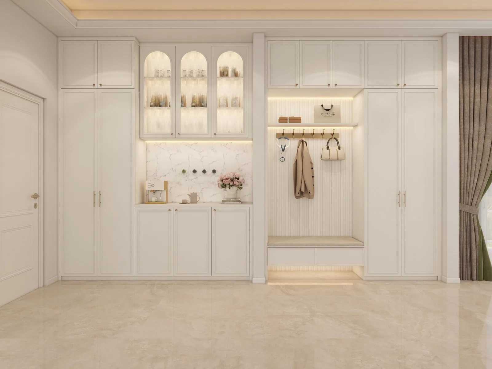 Entry hall with lit arched niches, coat hooks and white paneling