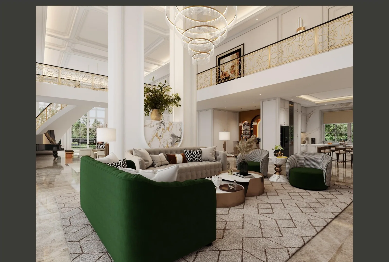Double-height family room with green sofa open to the upper gallery