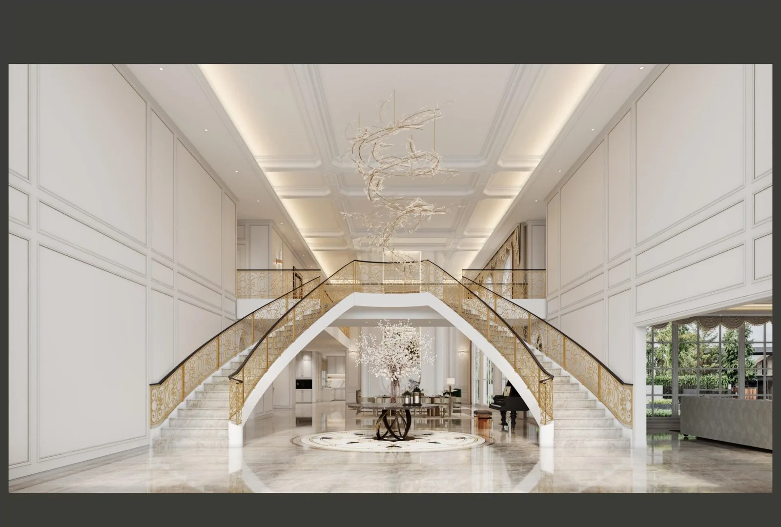 Double staircase entrance hall with arched openings and marble floor