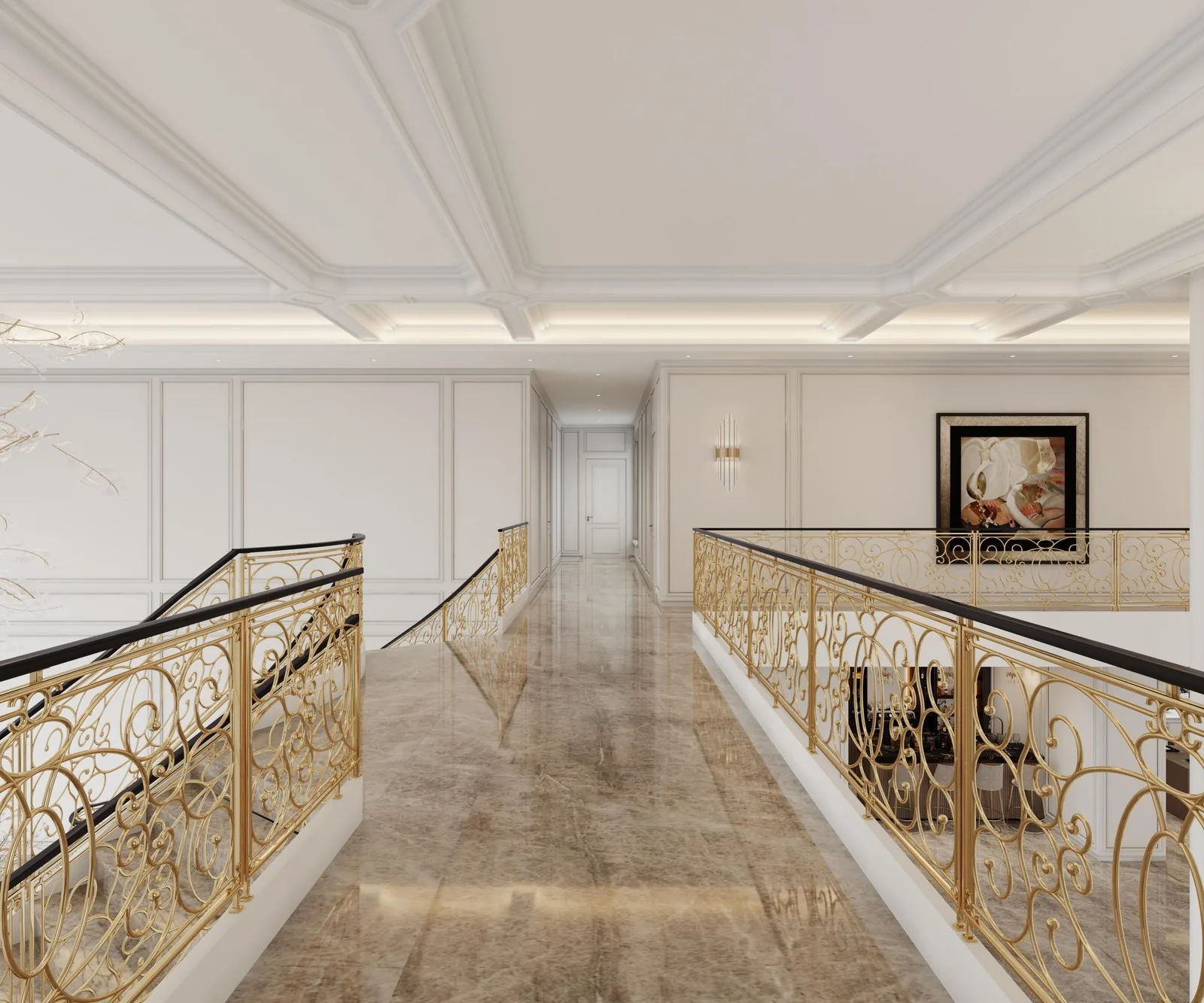 Upper gallery with gold rail and spiral stair