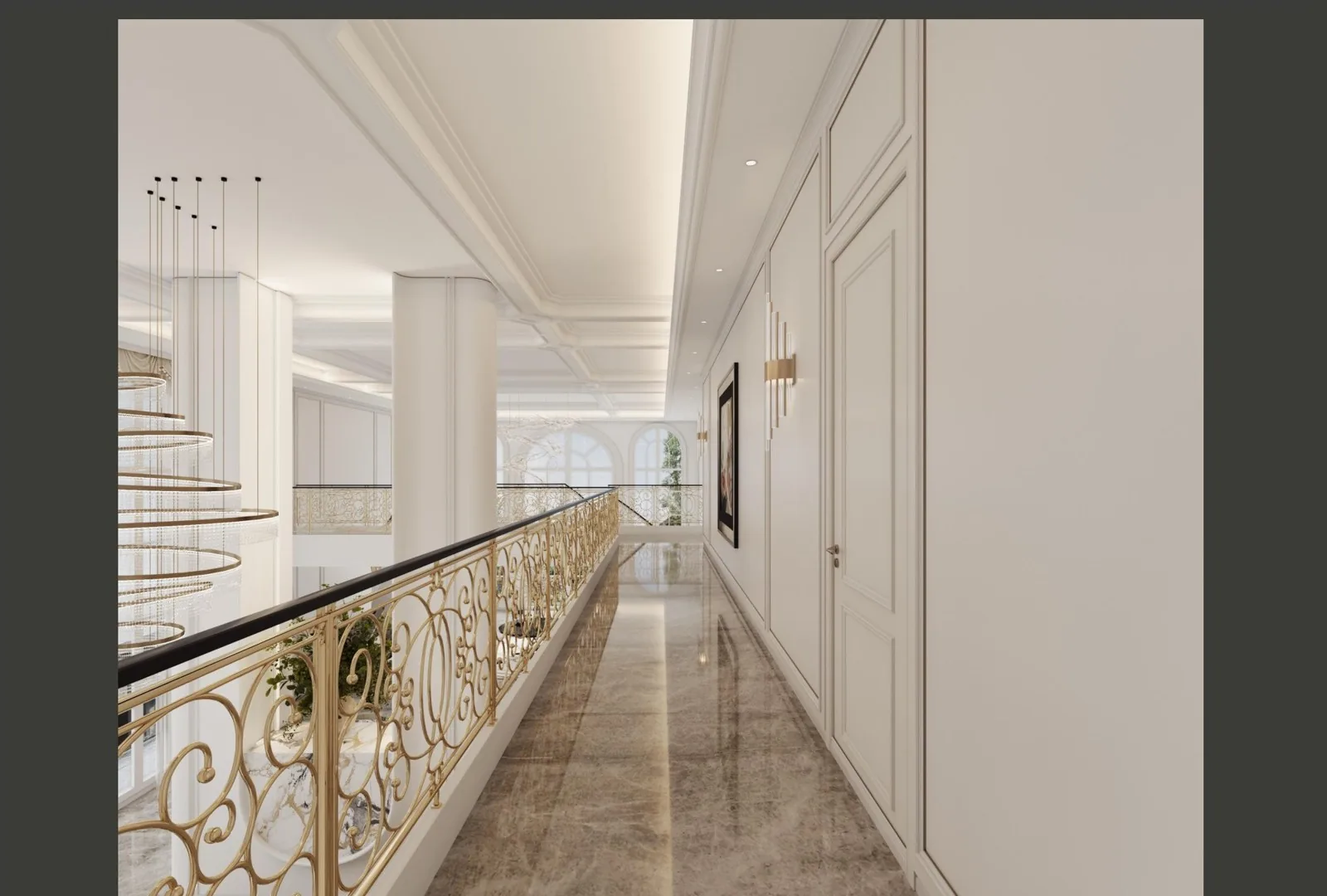 Upper gallery corridor with gold rail overlooking the hall