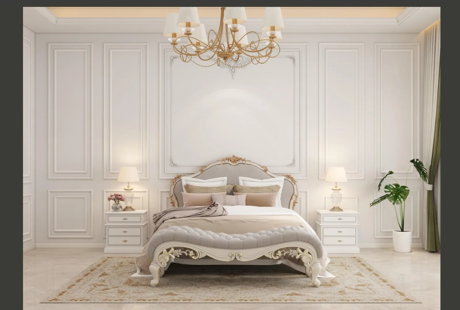 Guest bedroom with bed and chandelier in white lacquer