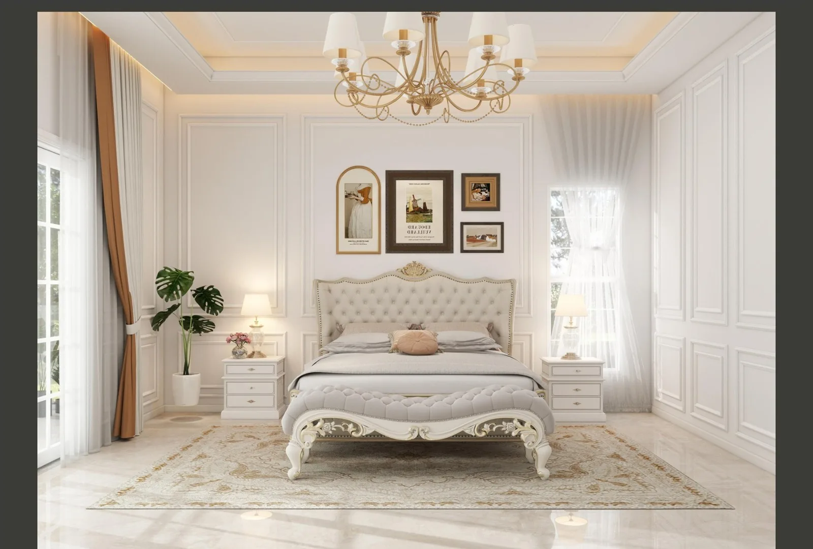 Guest bedroom with artwork wall and dressing run