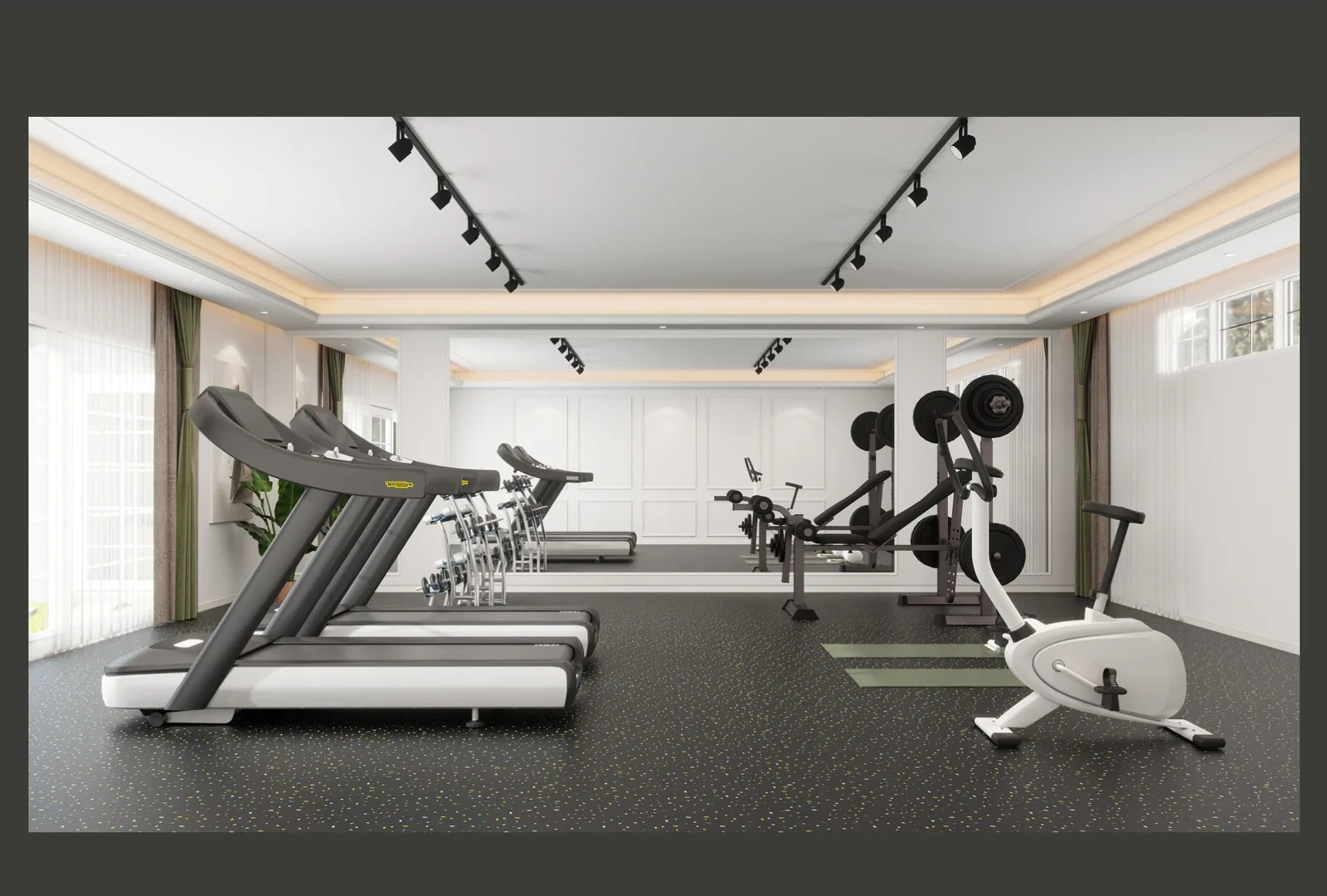 Home gym with treadmills and weights staged on white