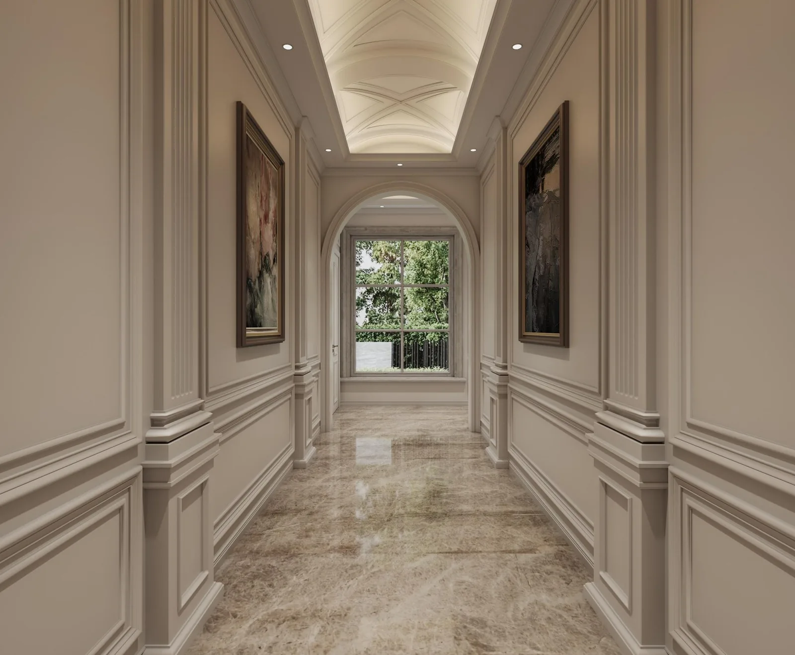 Gallery hall with framed art and an arched ceiling