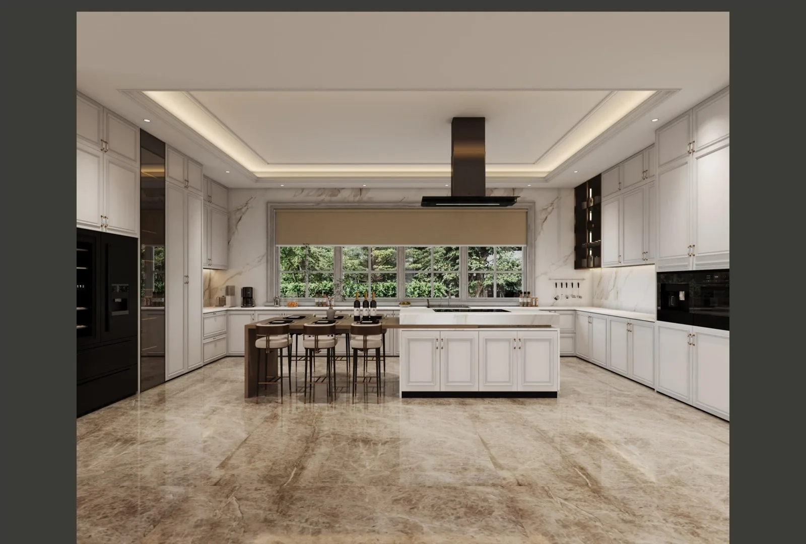 White kitchen with island and black range hood under ceiling paneling