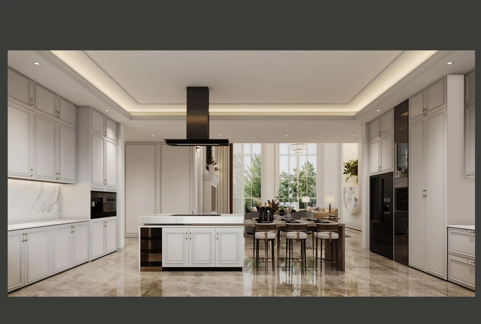Kitchen with island and dining table, black at the range