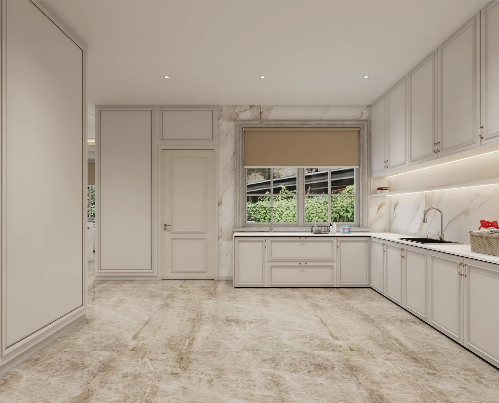 White kitchen with island, window and paneling to the ceiling