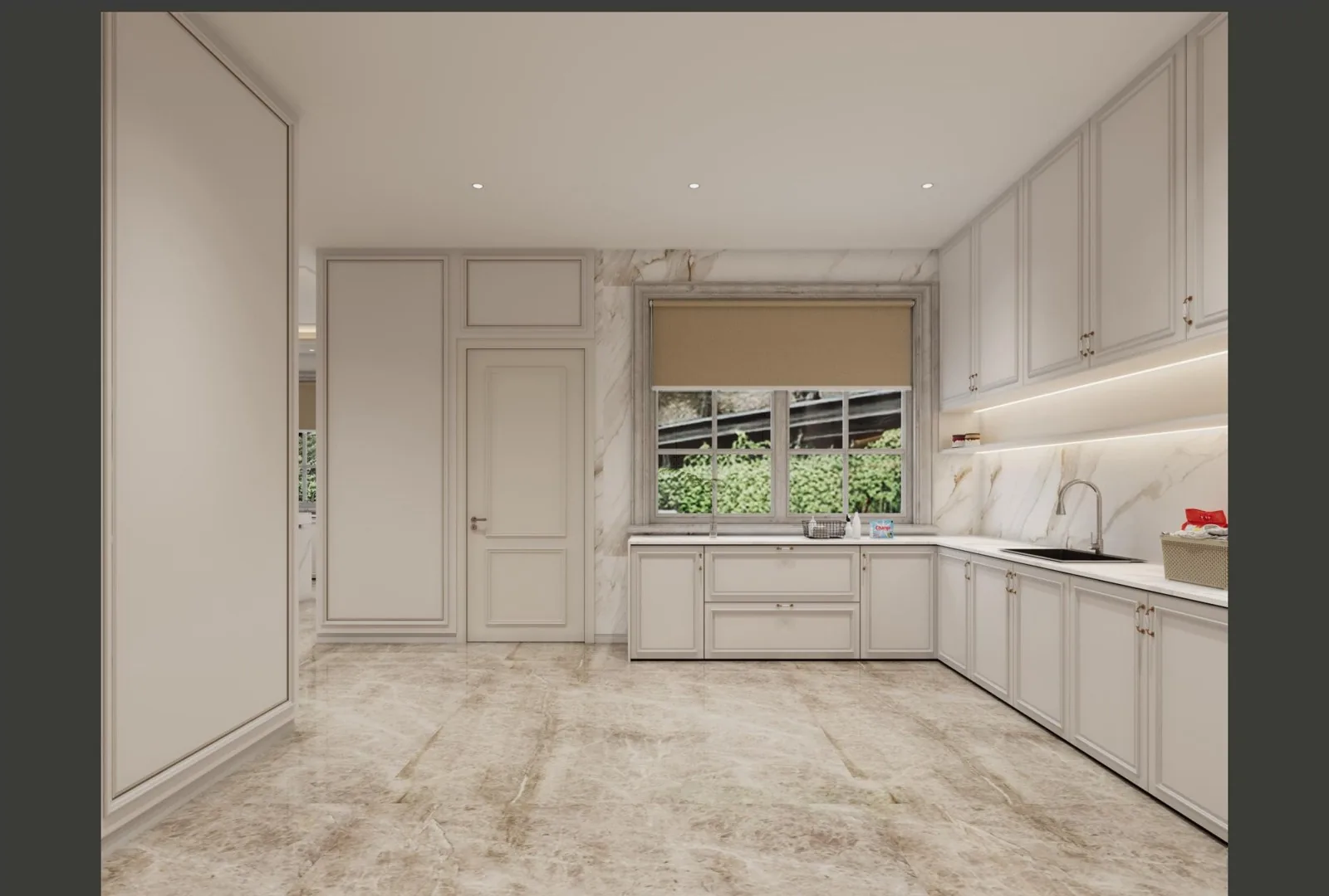 White laundry room with cabinets and stone top
