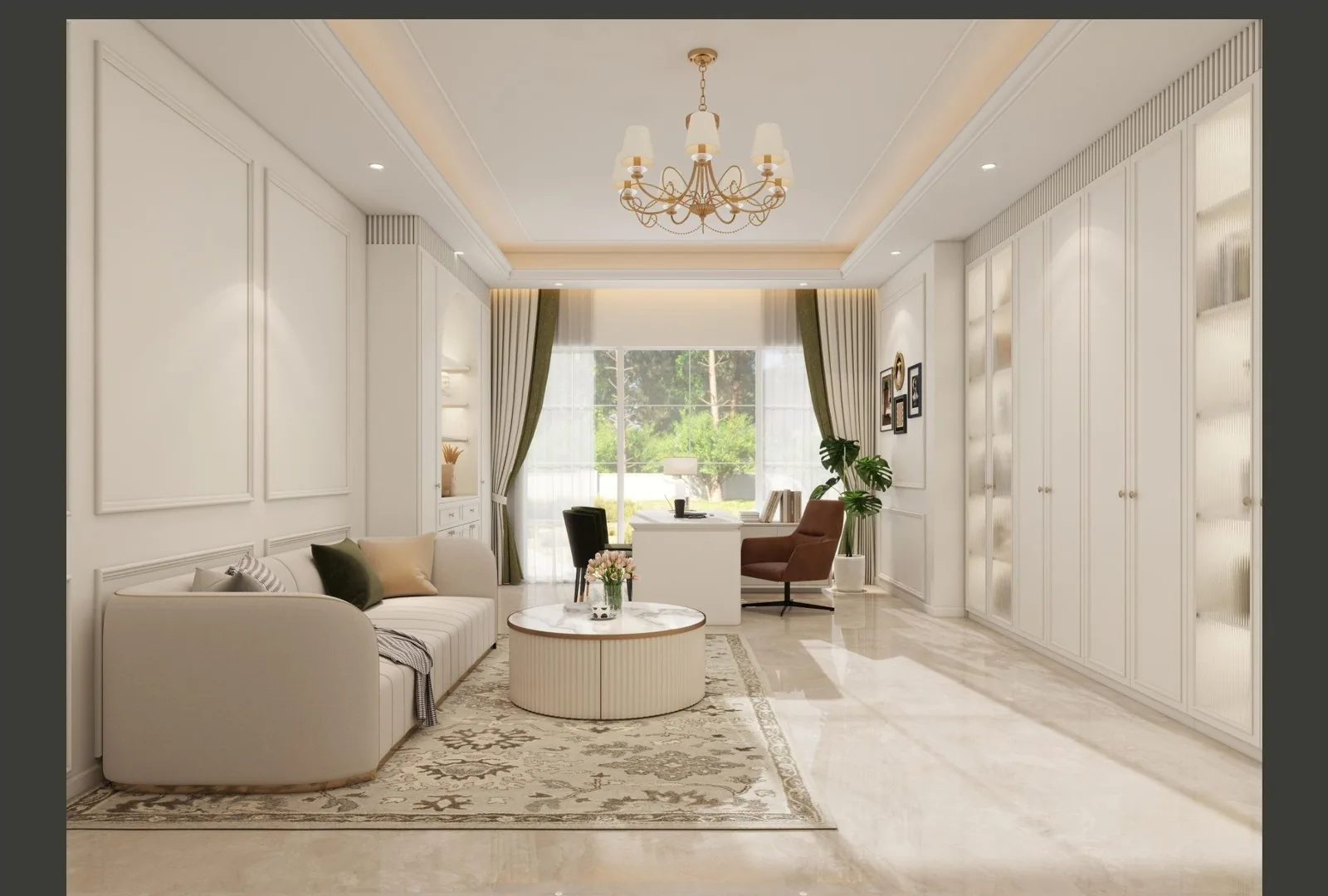 Library with chandelier, reading sofa and glass-front shelving