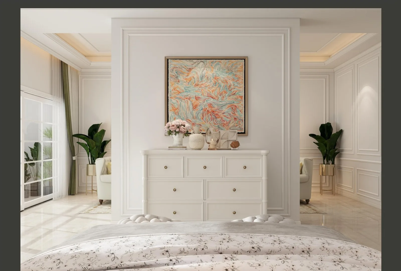 Master bedroom with floral artwork over white dresser and marble floor