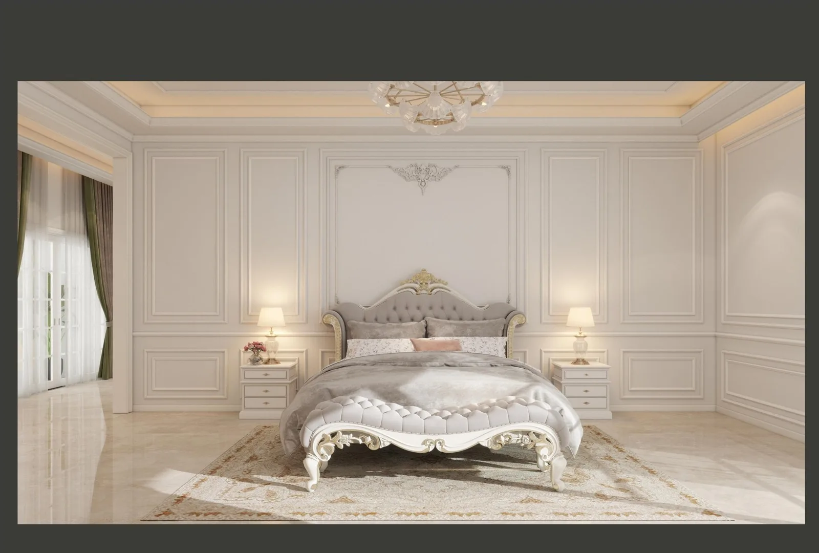 Master bedroom with bed and chandelier, gold sconces