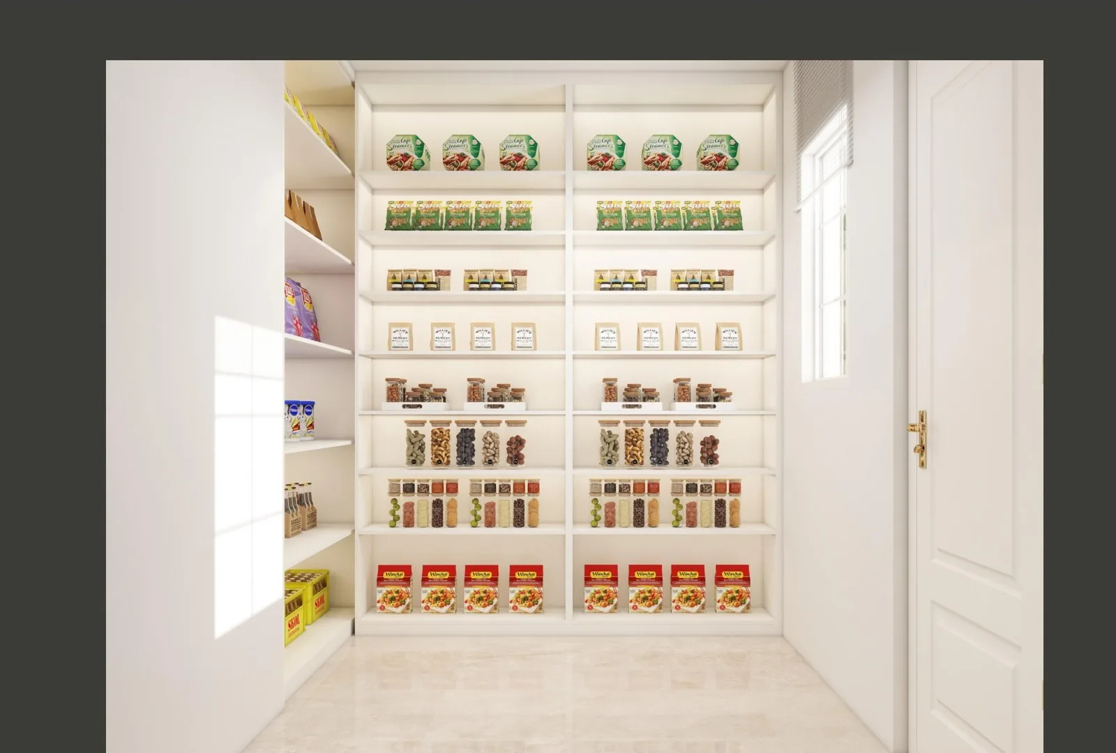 Pantry with lit shelving and wine storage floor to ceiling