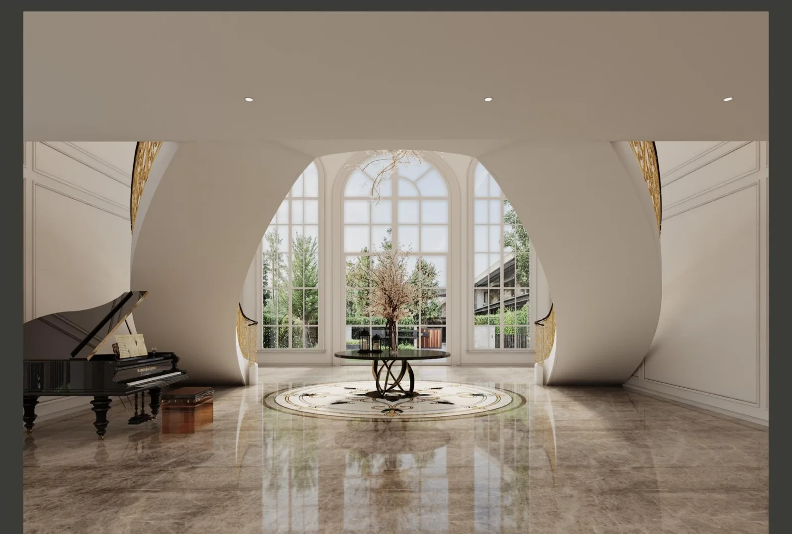 Sitting room with grand piano under arched windows