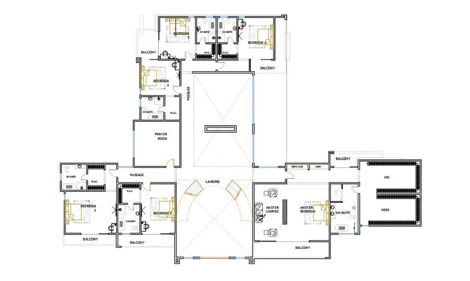 First floor plan of the Zambia villa - master suite, beds 2 to 5, prayer room