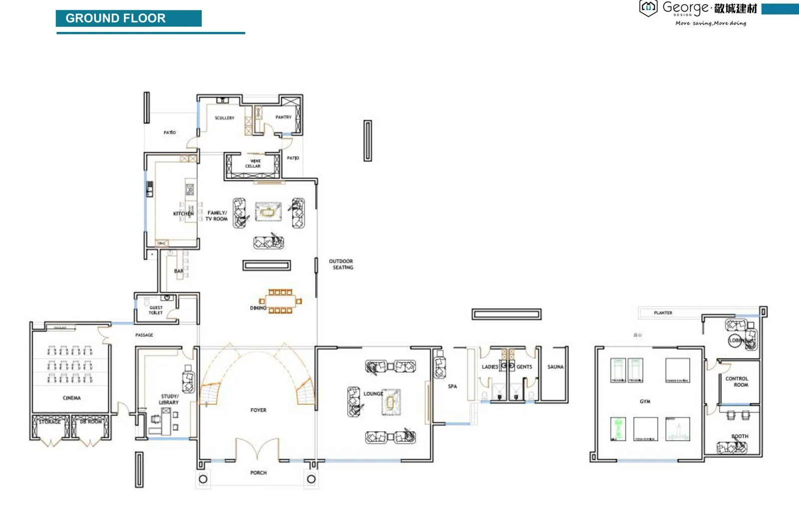 Ground floor plan of the Zambia villa - foyer, TV lounge, gallery, dining, kitchen and guest wing