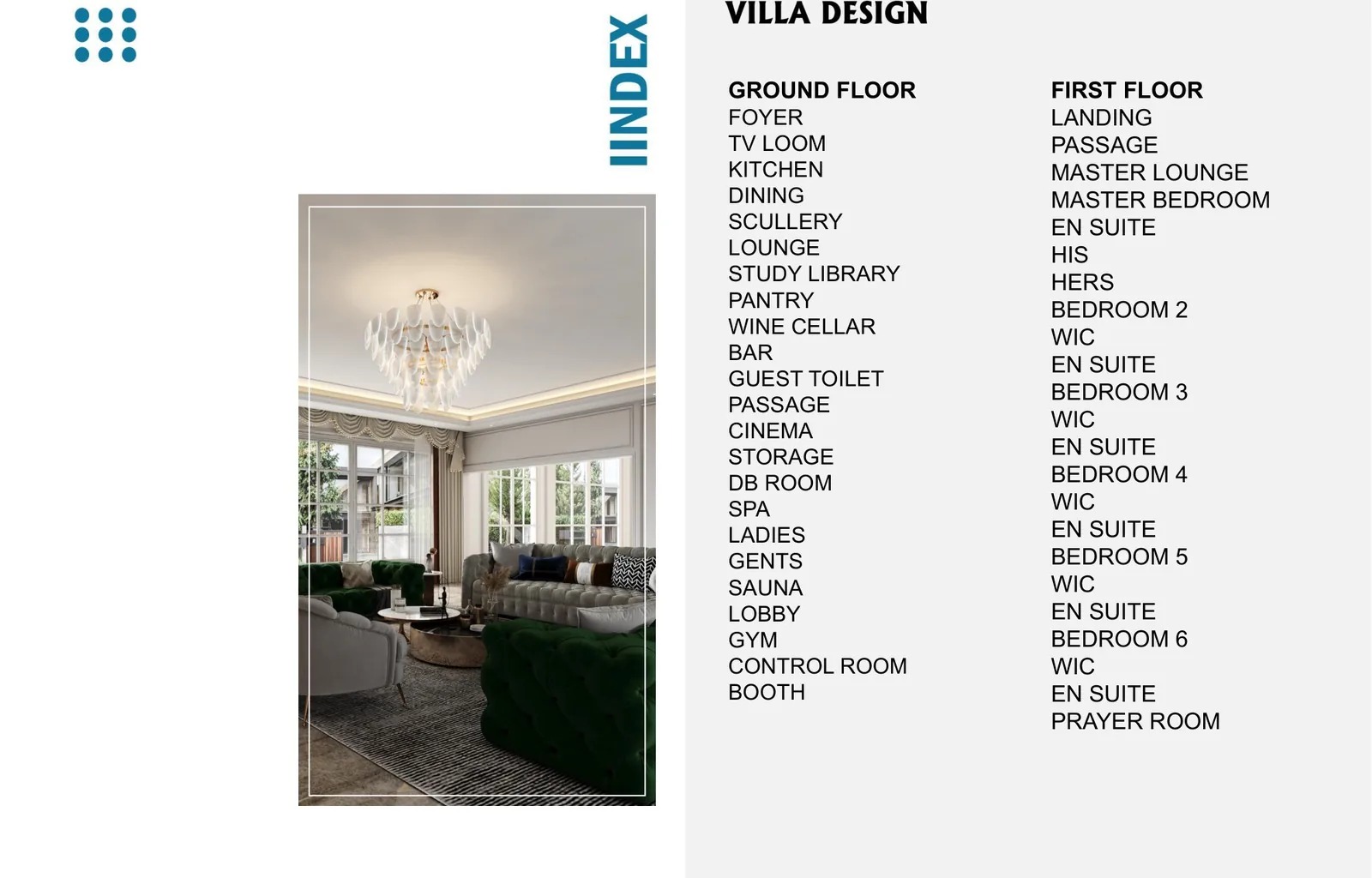 Program index sheet listing every room of the villa by floor