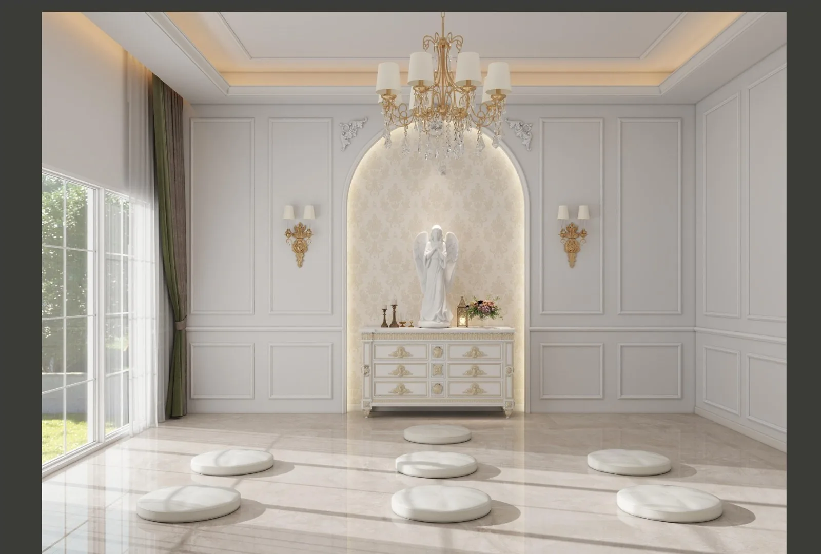 Prayer room with arched white niche and floor cushions