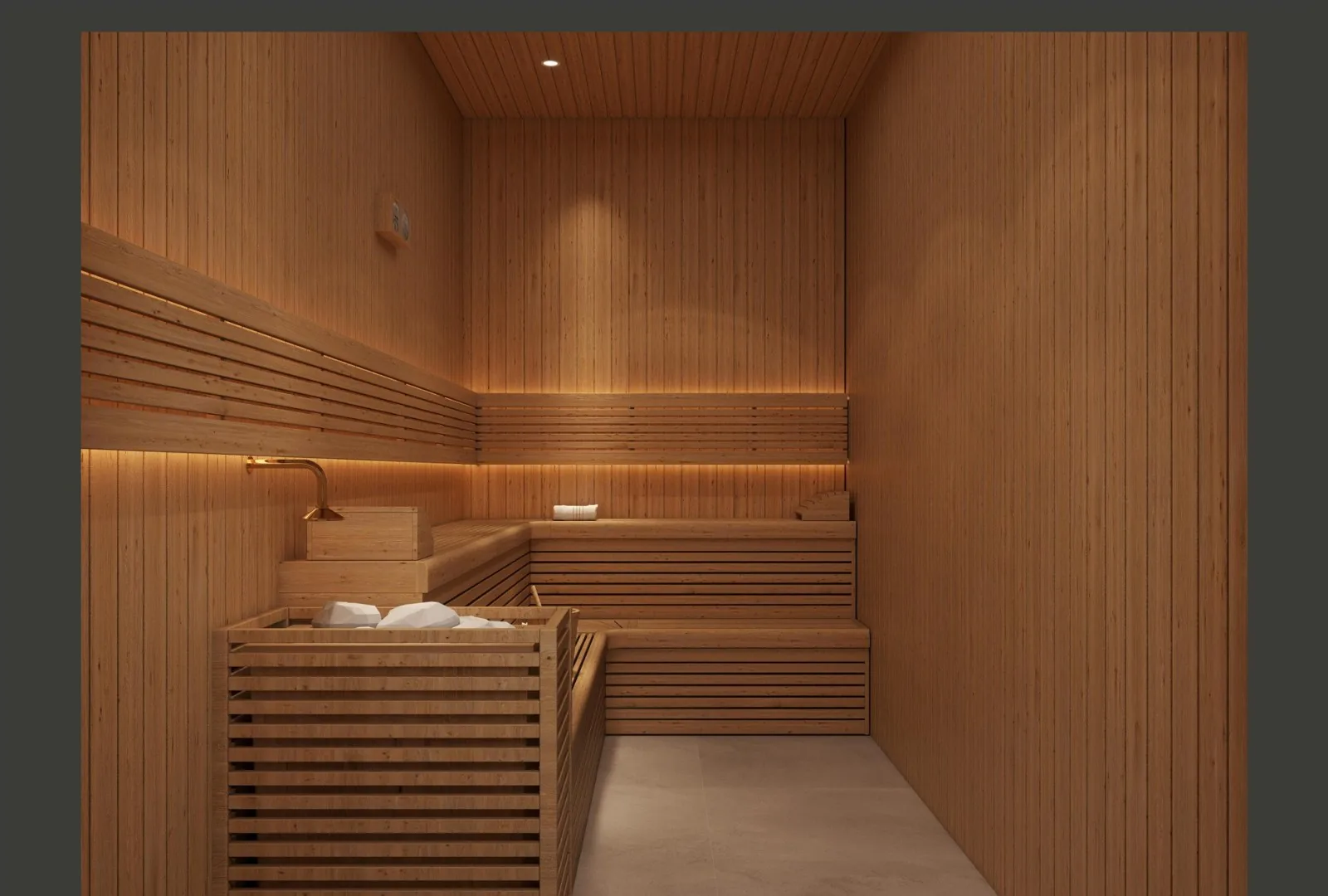 Slatted-wood sauna corner with bench seating