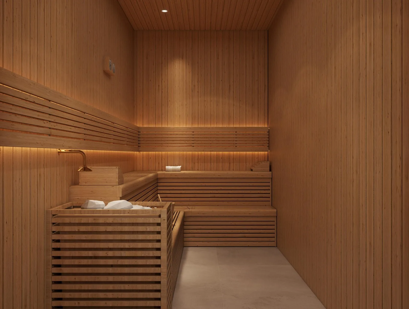 Slatted-wood sauna with bench seating and lit shelves