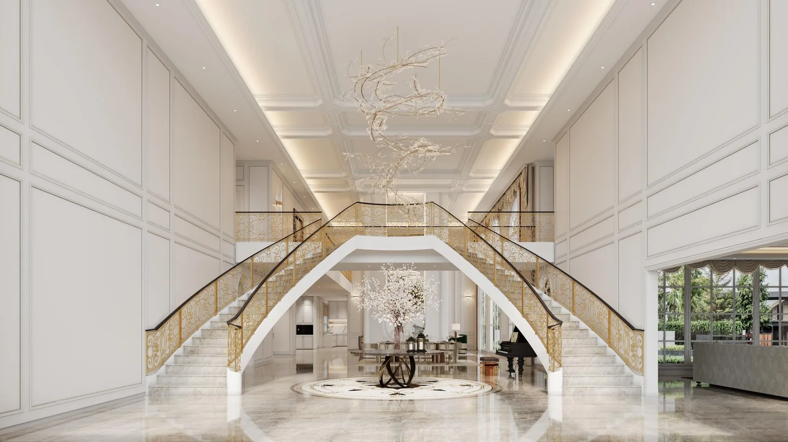 Double staircase hall with arched windows and marble floor