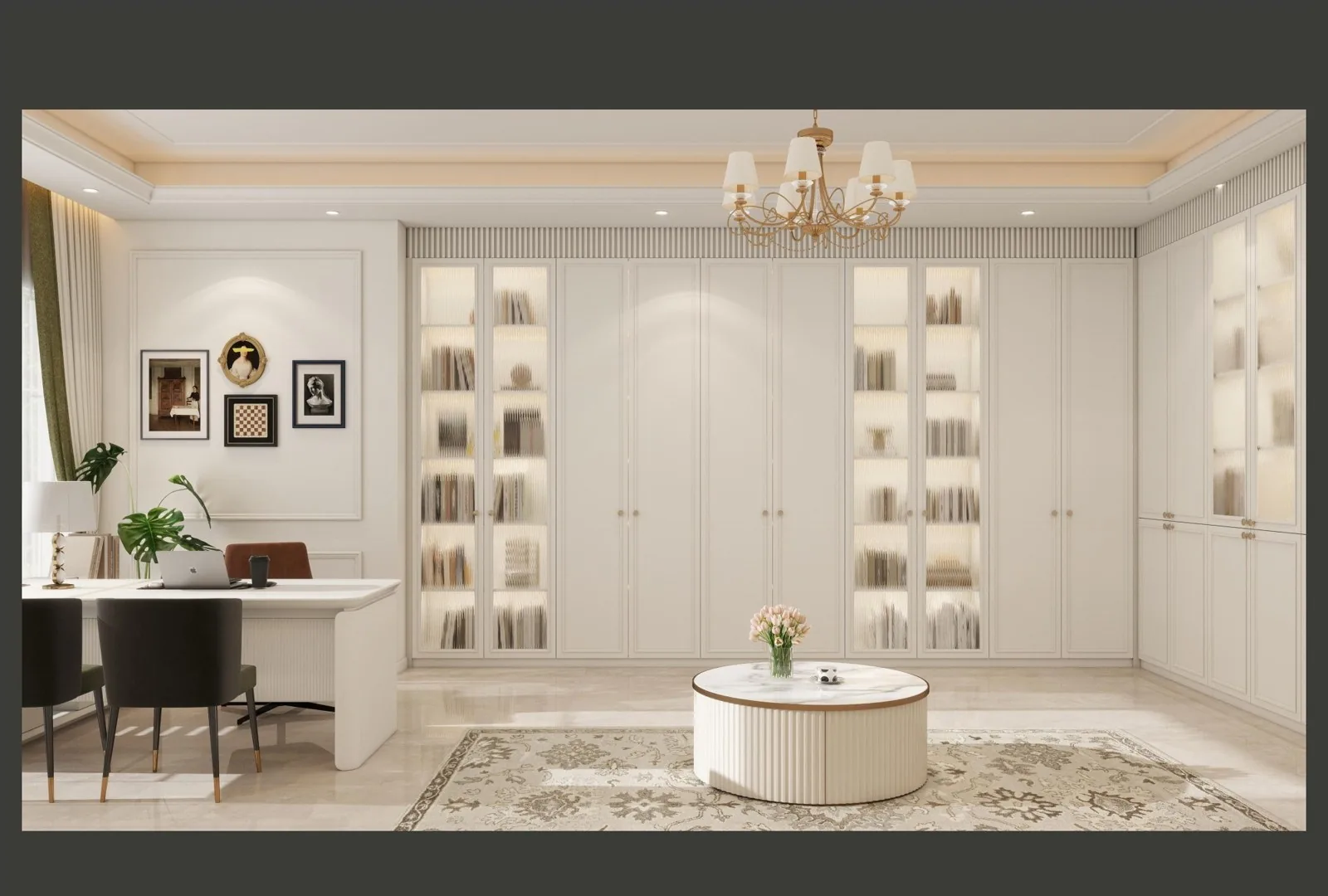Study with desk, chandelier and white paneling