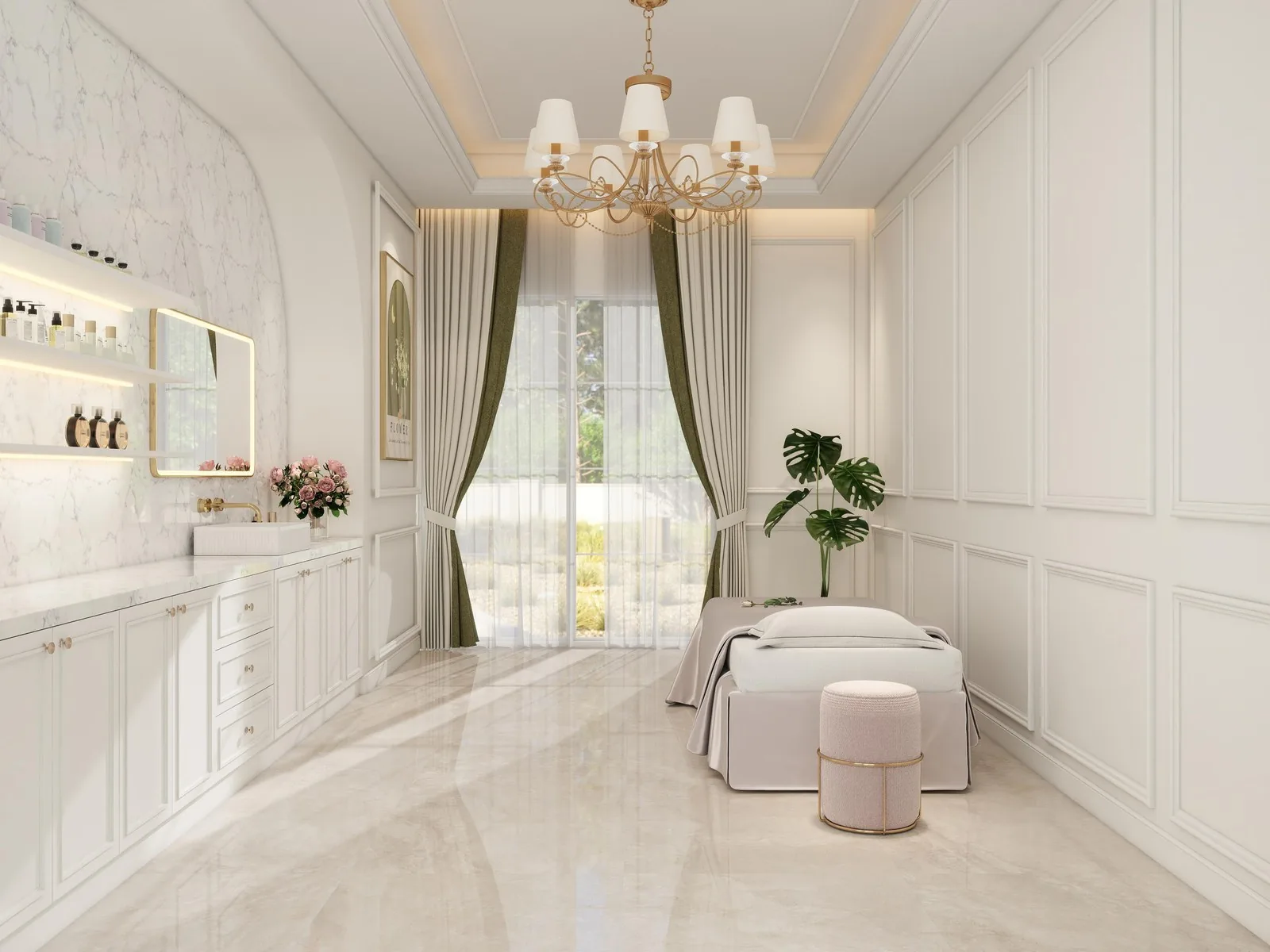 Master suite with arched marble niche, lit shelving and chandelier