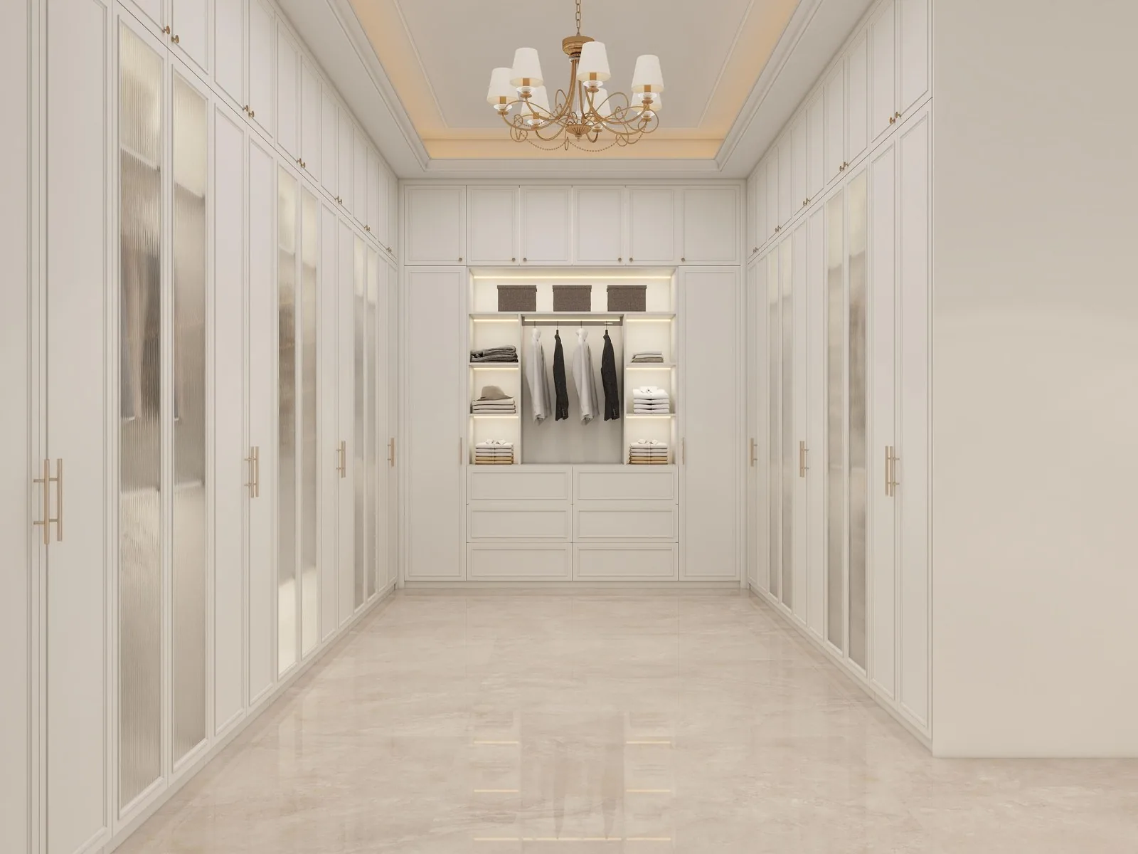 Bright walk-in closet with glass doors and chandelier