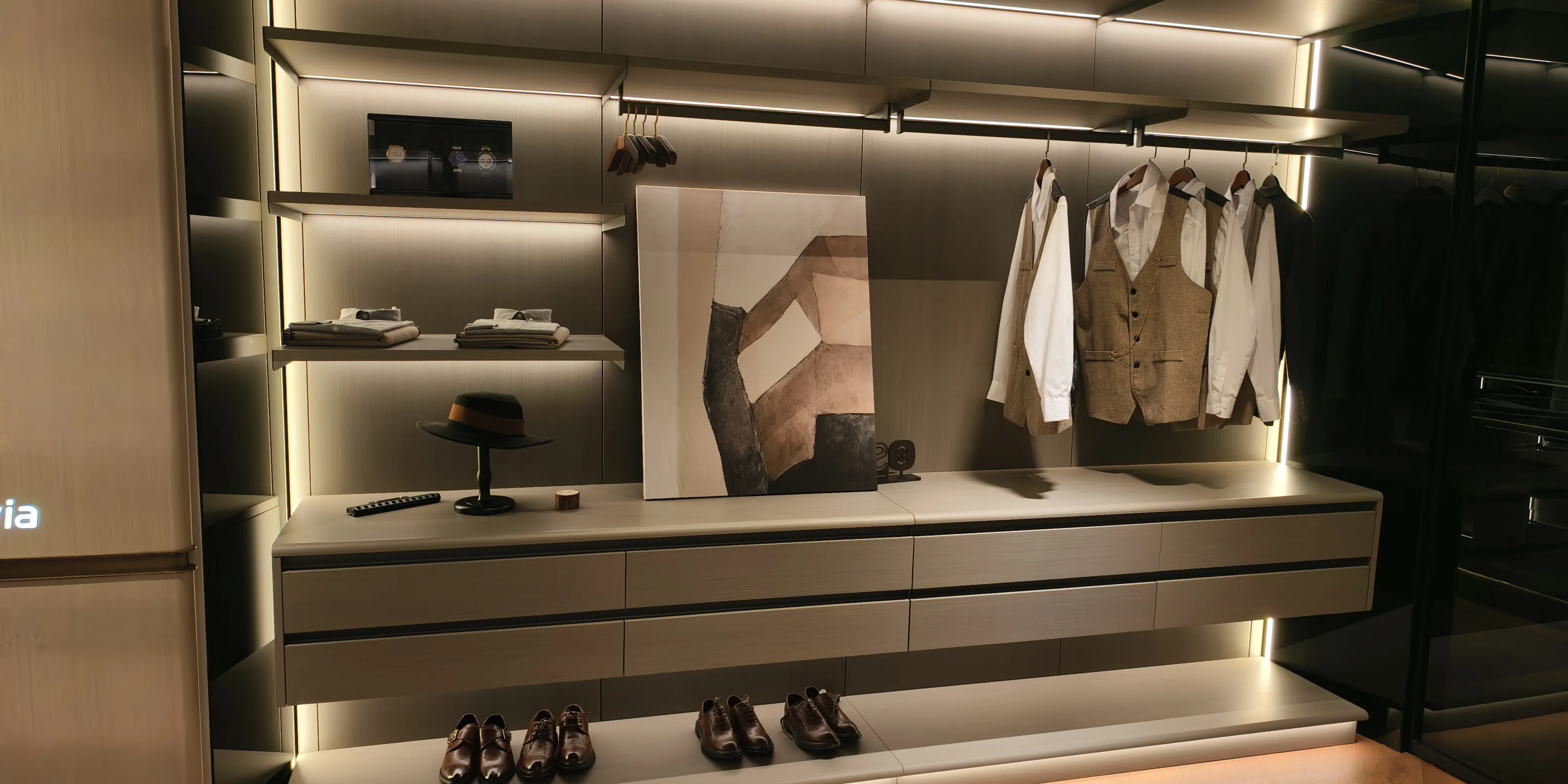 Board samples hanging in the closet finish library