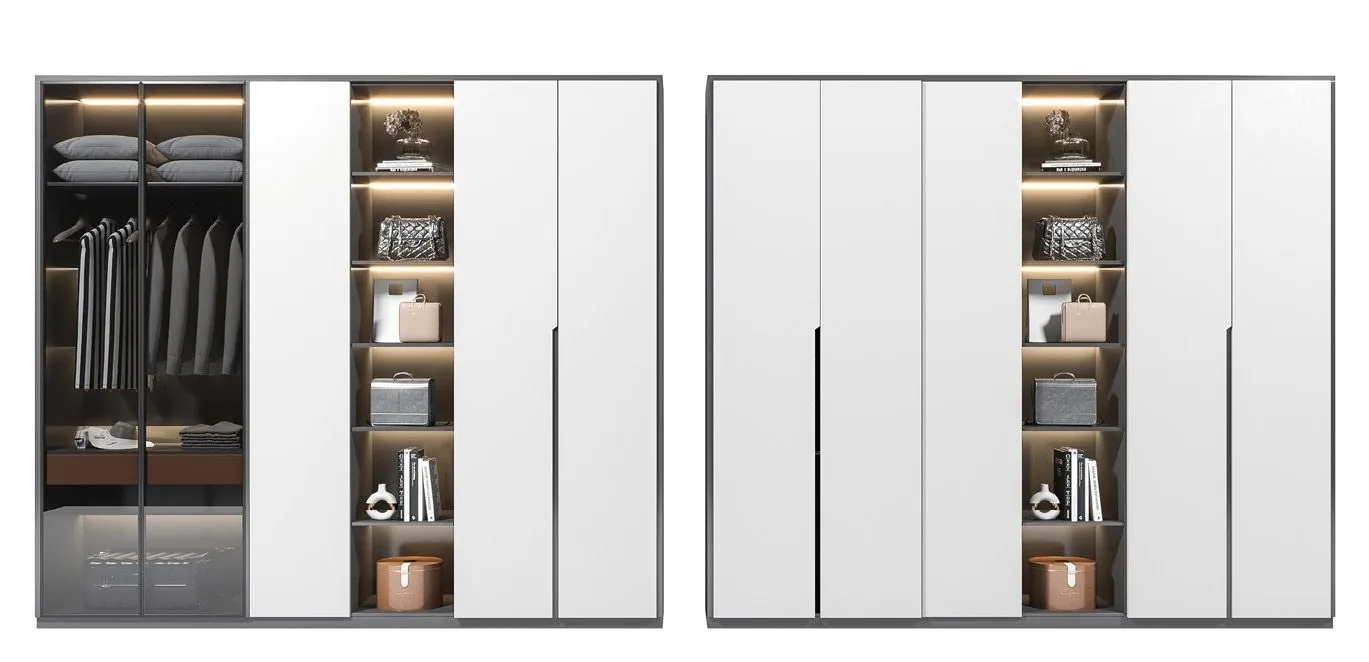 Fluted wardrobe fronts in a grey walk-in, fine vertical reeds