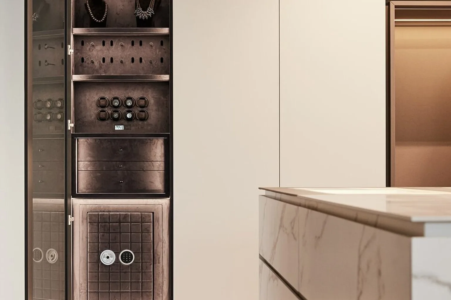 Fingerprint safe and watch winder cabinet inside a walk-in