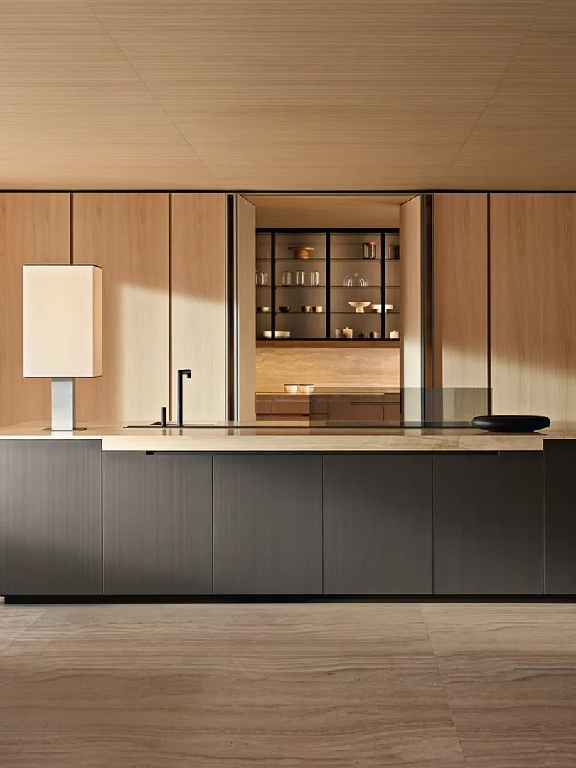 Oakline collection: natural oak kitchen with stone feature wall and full-height cabinet runs