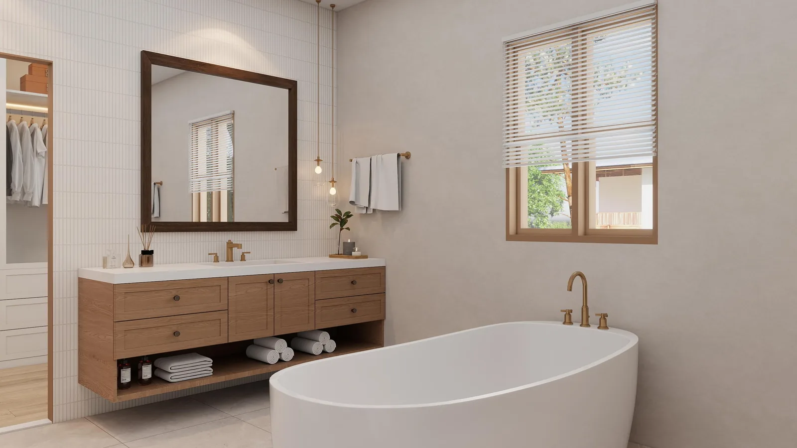 Ensuite with floating double vanity in front of a freestanding tub