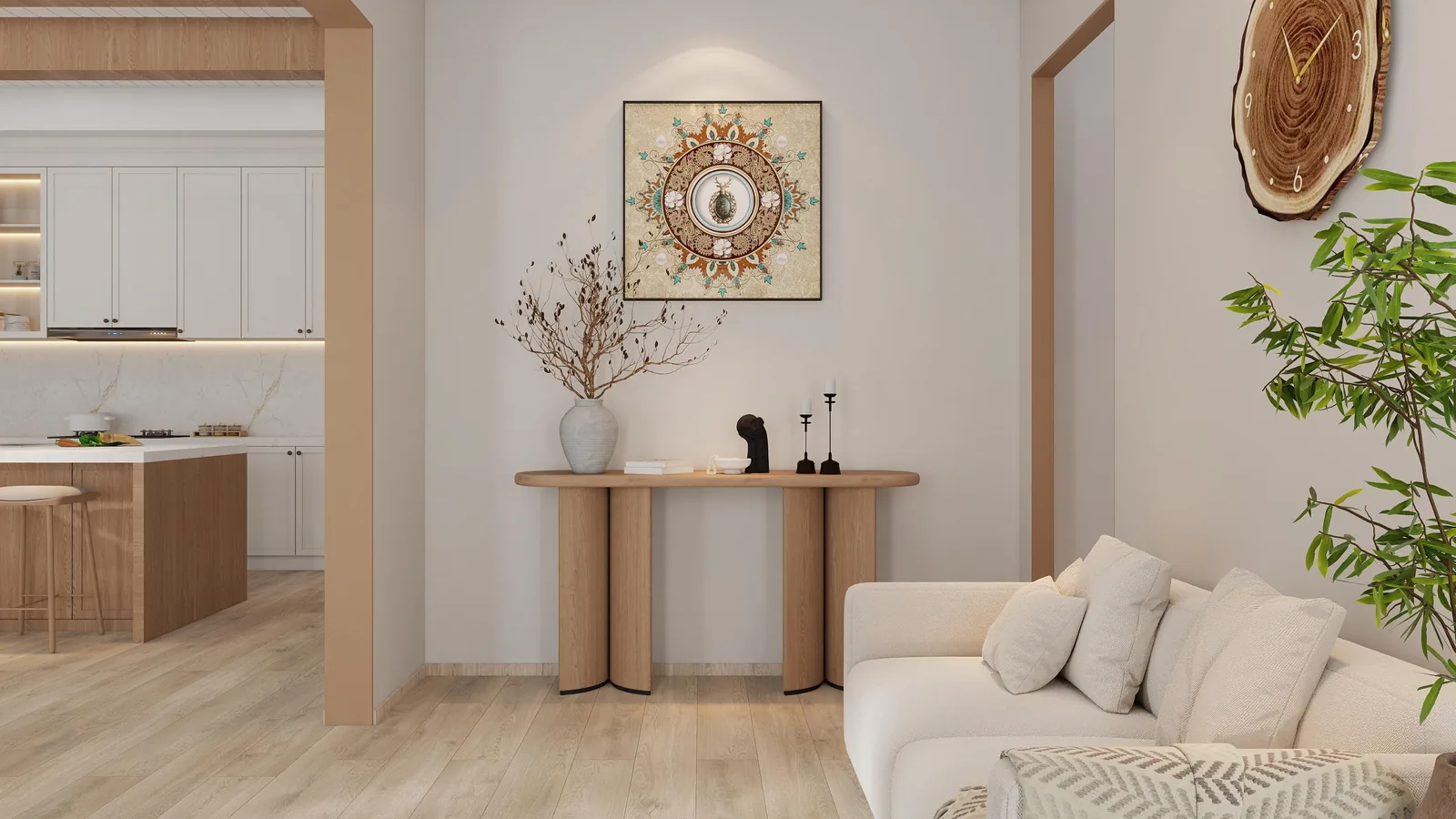Entry foyer with a slim console cabinet and a mirror above