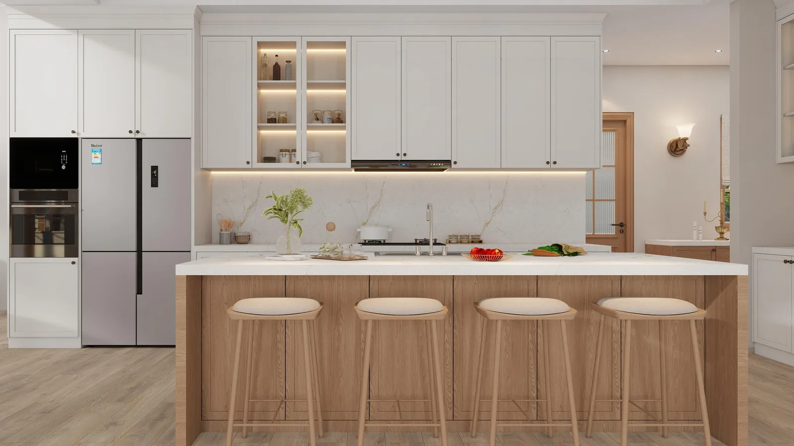 Kitchen island with seating overhang and a walnut panel facing the room