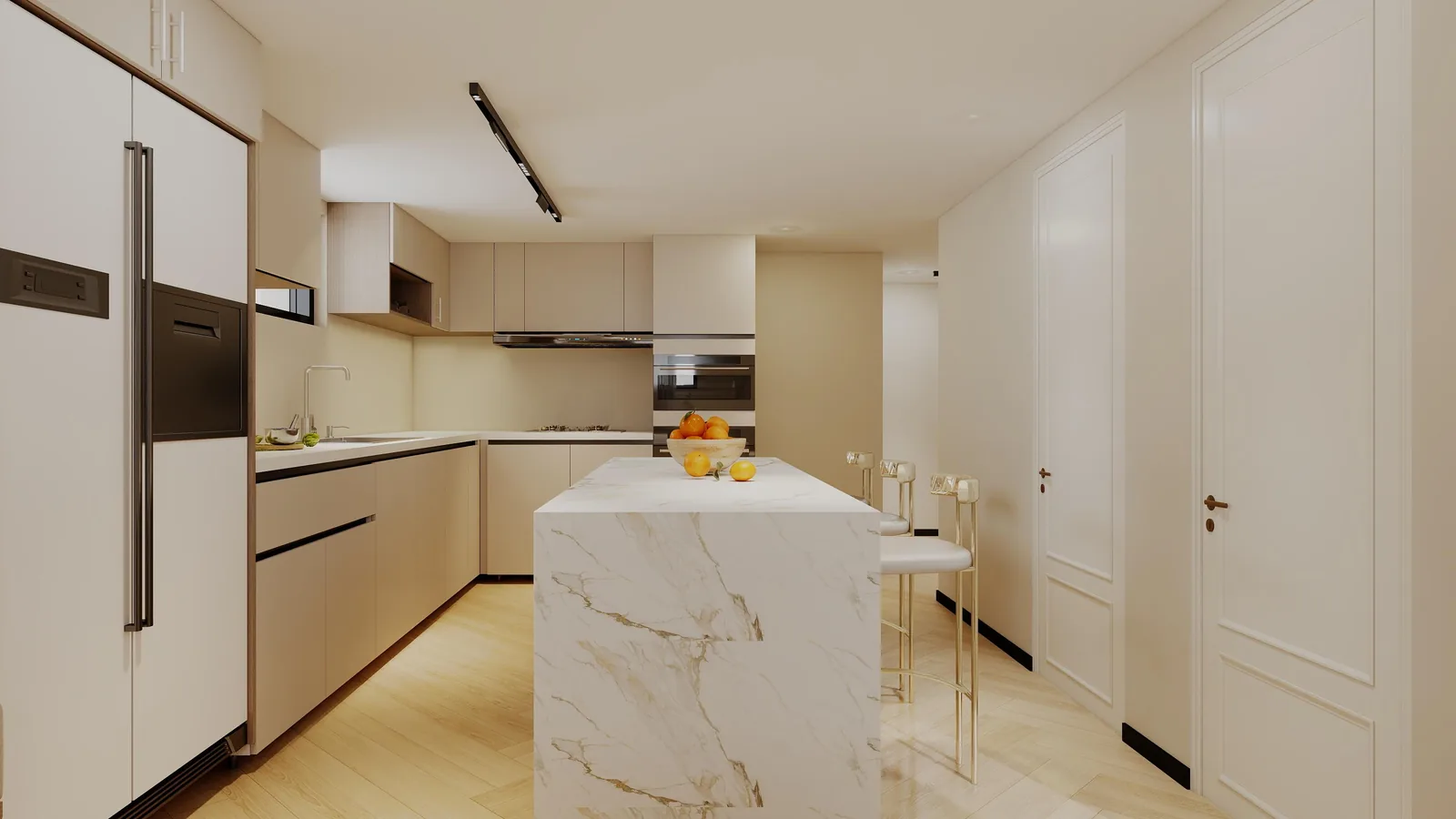 Tall kitchen units running to the ceiling beside a marble island