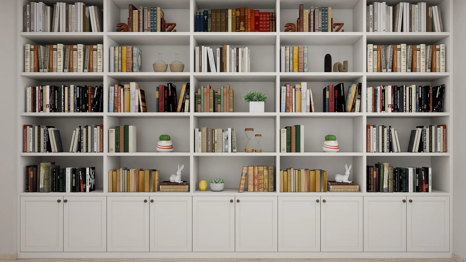 Built-in library wall with open shelving over closed base cabinets