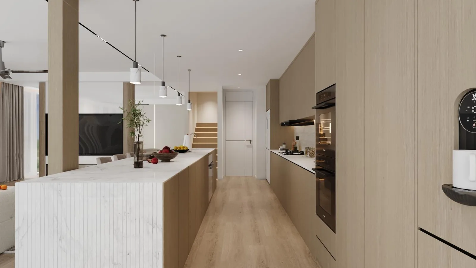 Narrow galley kitchen with an island, tall units at the far end and pendants above