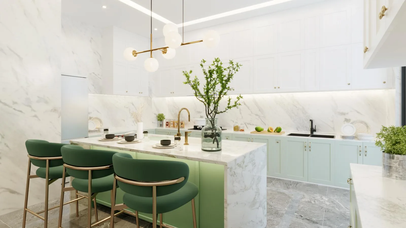 Sage green kitchen with island and a marble splashback, plants on the counter