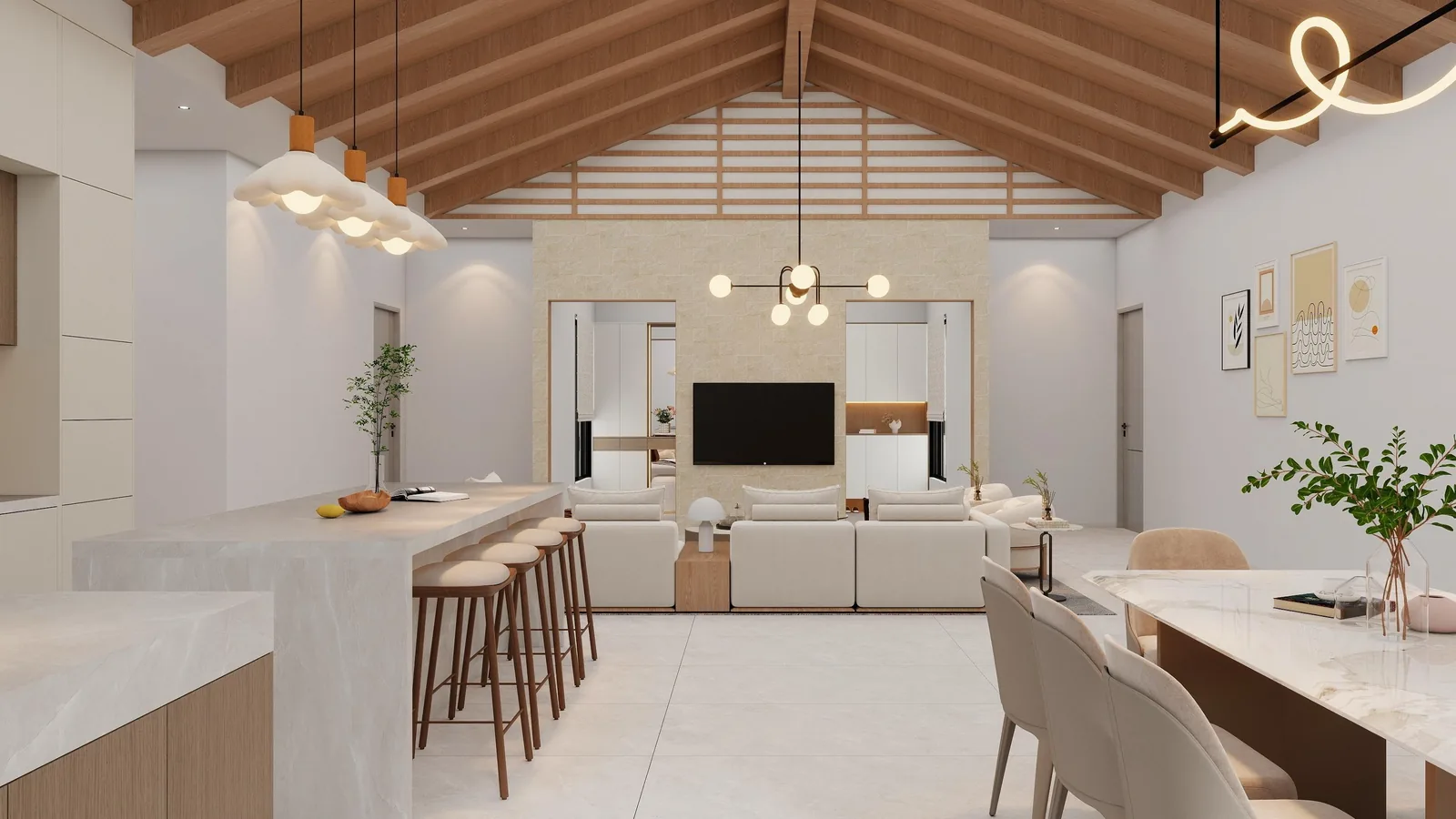 Vaulted open-plan kitchen and living area with exposed timber trusses and an island