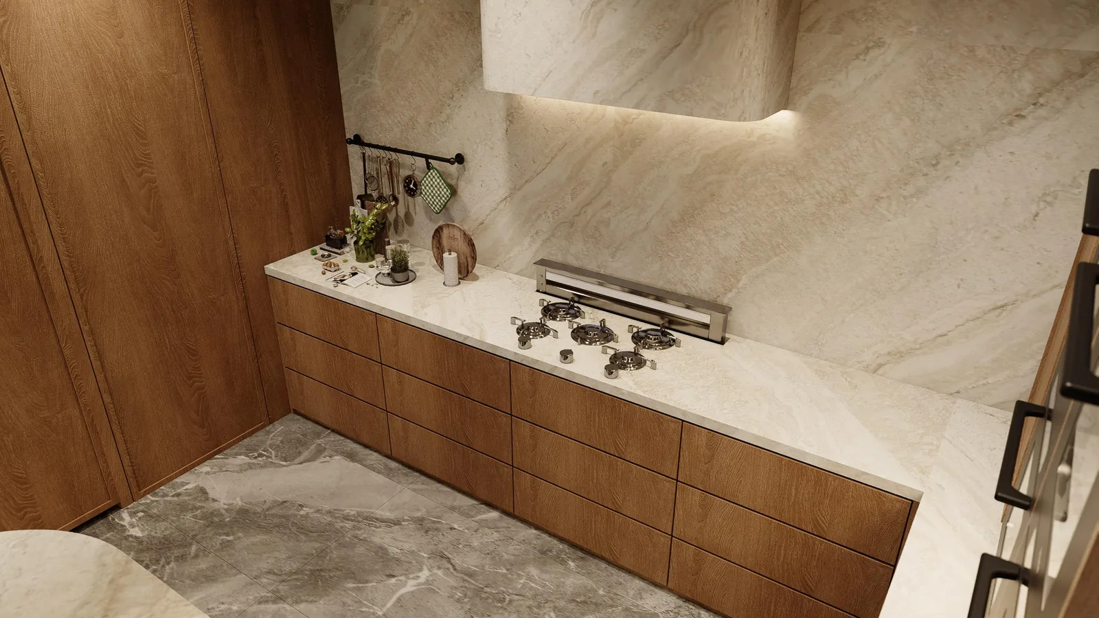 Kitchen counter run with a timber veneer wall panel and integrated appliances