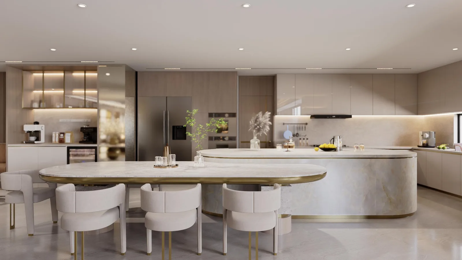 Island kitchen with a glazed wine column and dining beyond