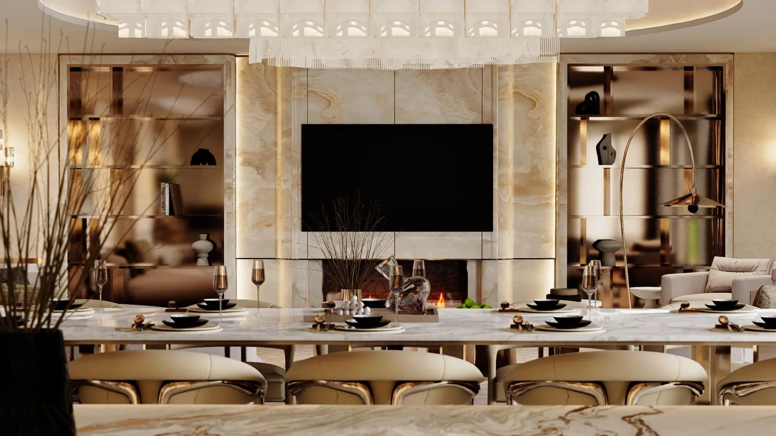 Formal dining room with a long table for twelve, upholstered chairs and three pendant lights over a stone floor