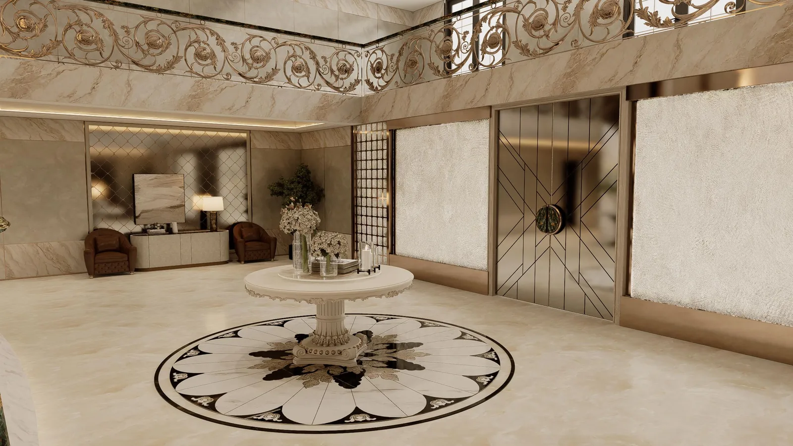 Double-height stair hall with a fireplace, a chandelier, marble floors and a curved sofa in the foreground